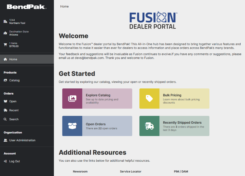 Screenshot of the new Fusion dealer portal to simplify the process of getting up to date info and placing orders.