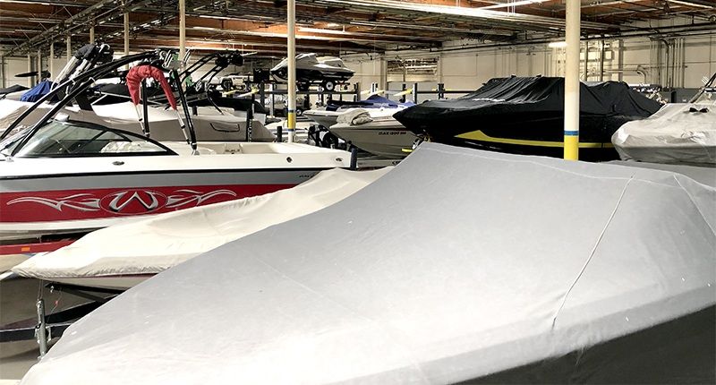 Inside a boat storage facility