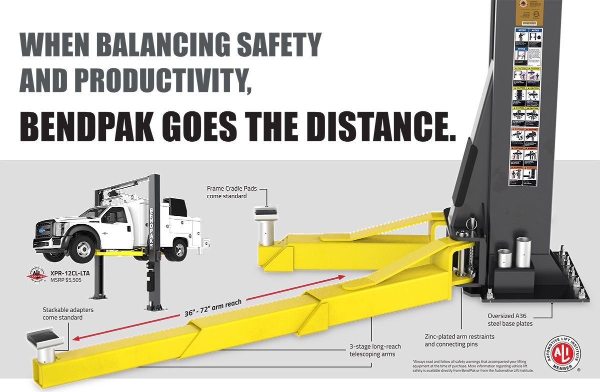 BendPak's two-post lift with super long-reach lifting arms